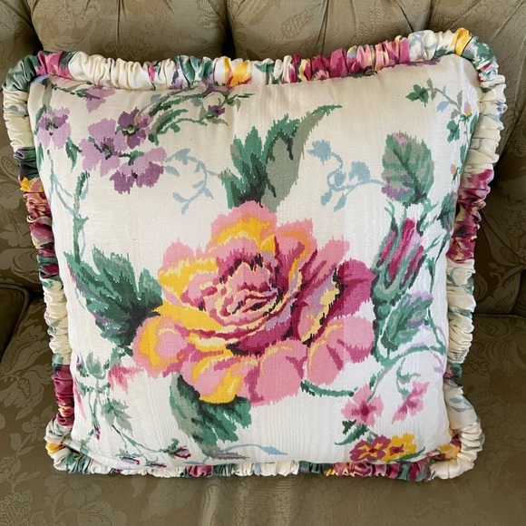 Floral Throw Pillow  Cream/Pink/Green 15x15” - Picture 3 of 7